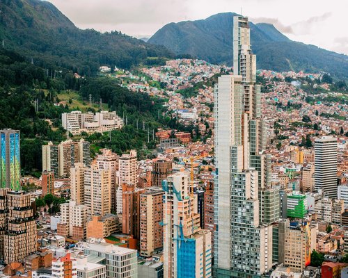 A modern brick building typical of Chapinero in Bogota